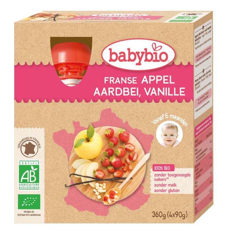 Babybio Appel aardbei vanille 90 gram bio 4x90g