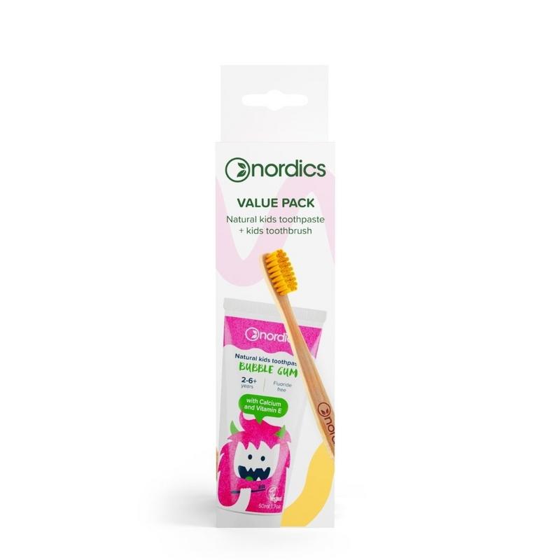 Nordics Tandpasta bubblegum & kids tandenborstel geel 4st
