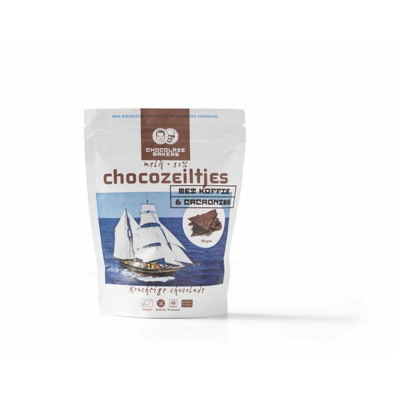 Chocolatemakers Chocozeiltjes donkere melk 52% koffie & nibs bio 100g