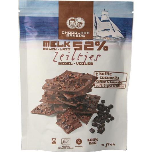 Chocolatemakers Chocozeiltjes donkere melk 52% koffie & nibs bio 100g