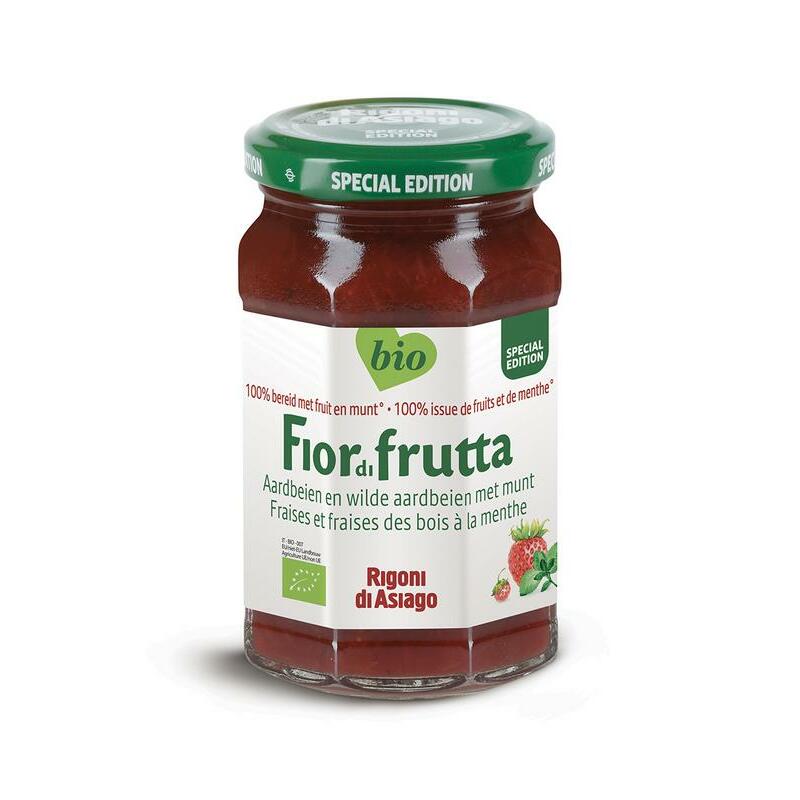 Fiordifrutta Aardbeien en wilde aardbeien met munt jam bio 250g