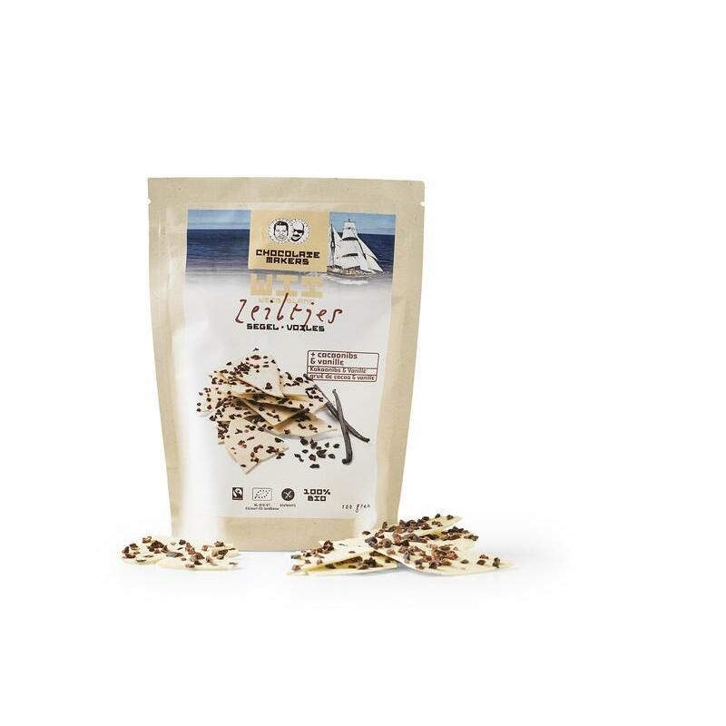 Chocolatemakers Bio chocozeiltjes wit vanille met cacaonibs bio 100g
