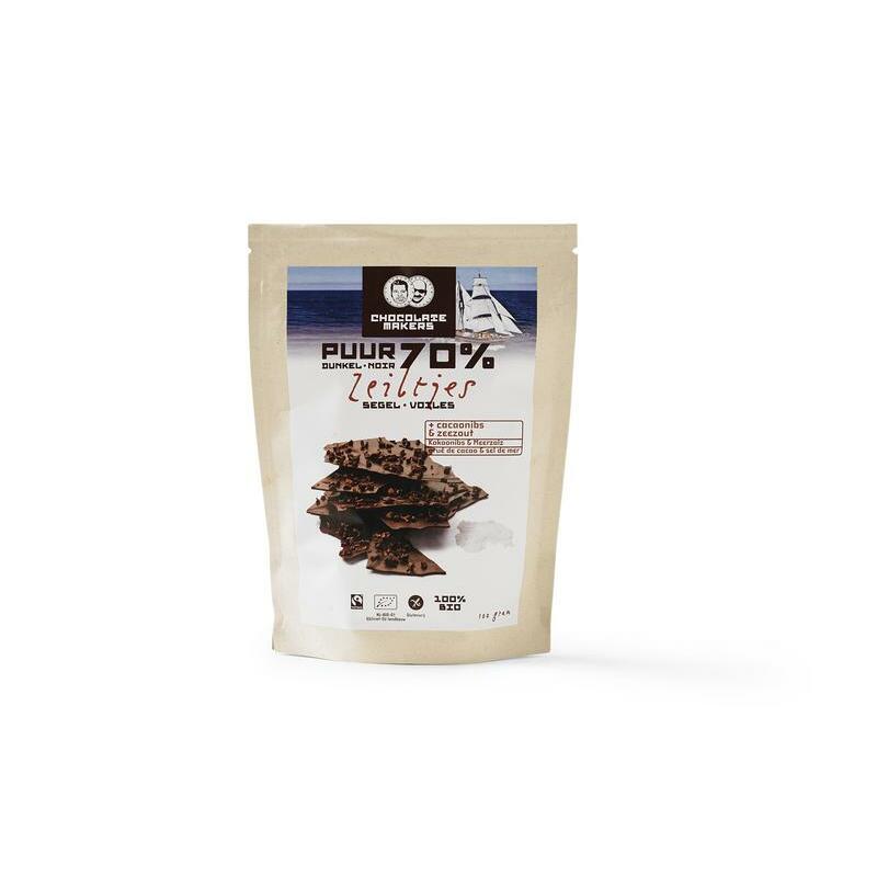 Chocolatemakers Bio chocozeiltjes puur 70% met zeezout en nibs 100g