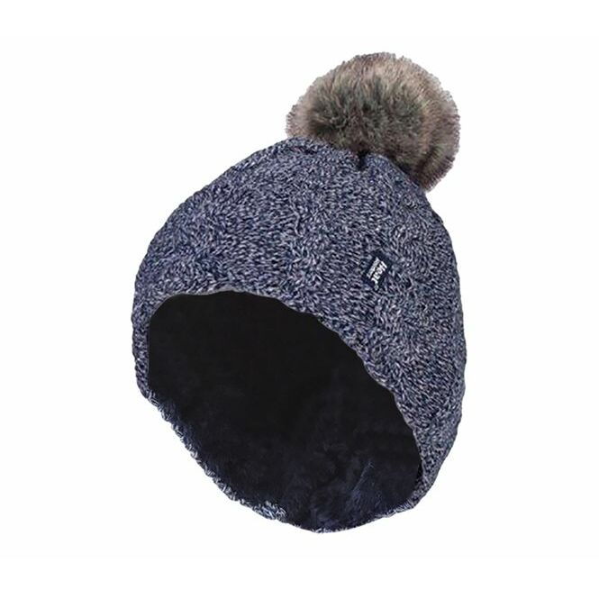 Heat Holders Ladies turnover cable hat with pom pom navy 1st