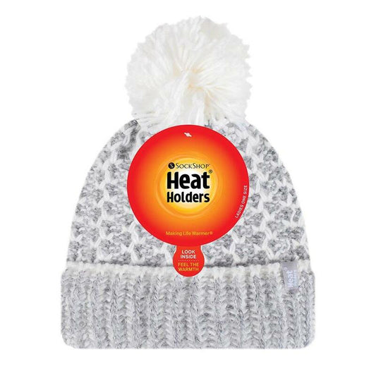 Heat Holders Ladies feathered knit pom pom hat lund grey/cream 1st