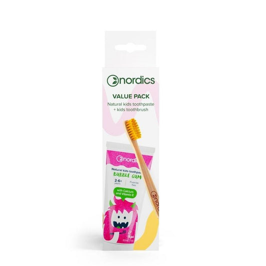 Nordics Tandpasta bubblegum & kids tandenborstel geel 4st