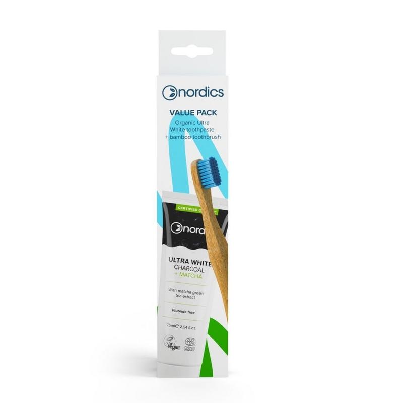 Nordics Tandenborstel blauw & ultra white tandpasta 4st